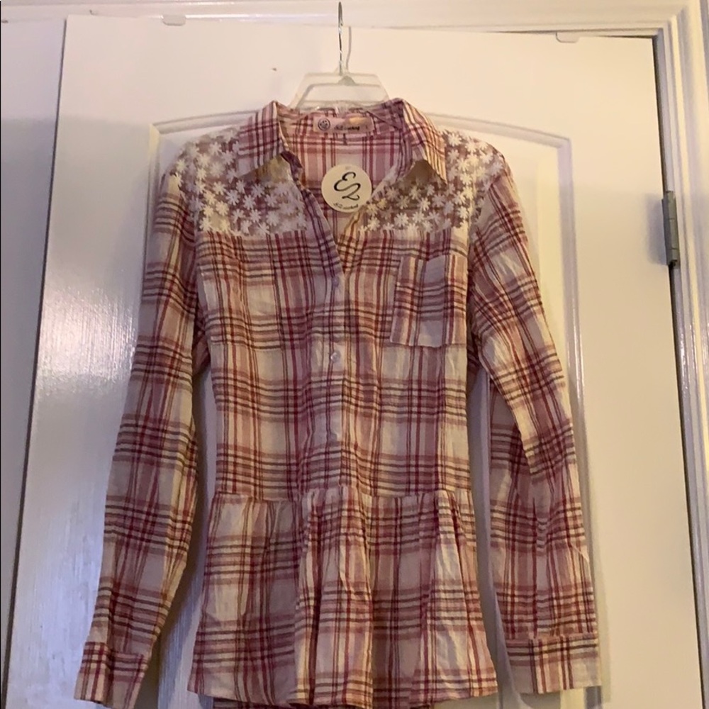Button down Plaid blouse with lace